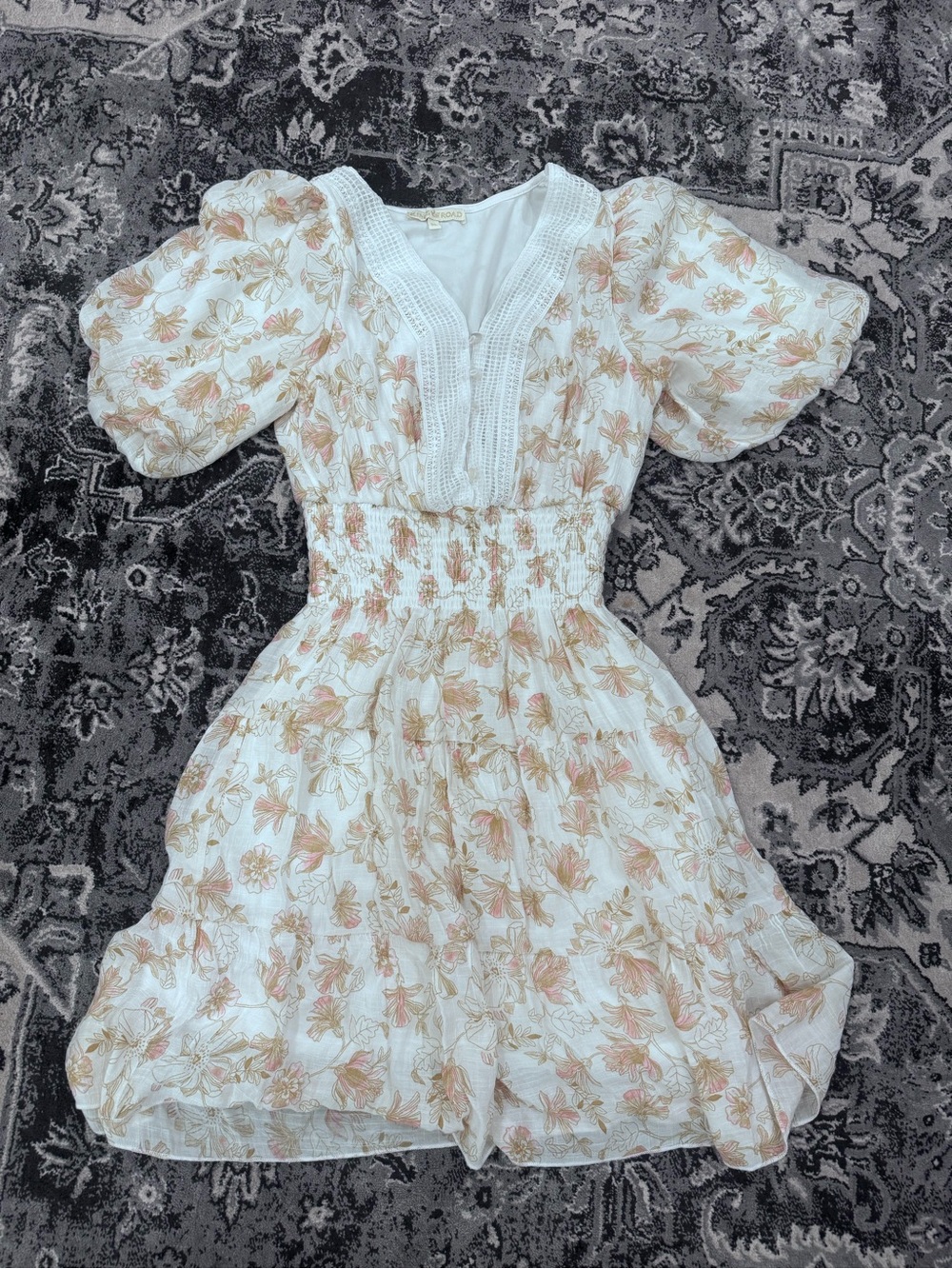 Smocked Waist Floral Mini Dress in Cream and Peach
